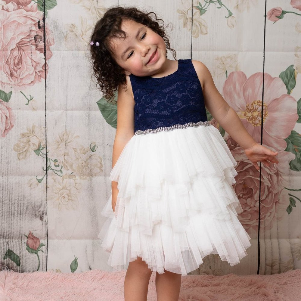 American Princess Blue and White Sleeveless Formal Toddler Dress